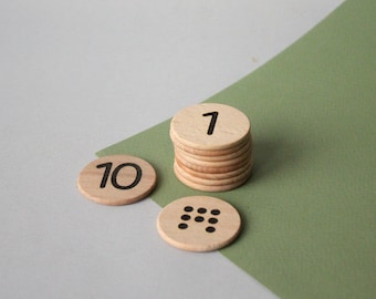 Wooden number discs 1-10. Double-sided counting coins.