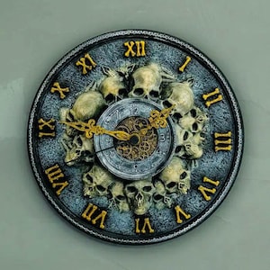 Skull wall clock, custom gothic decor quartz quality precision 3 d printed scary Halloween gift present wall art quality made in USA