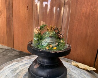 May include: A green frog wearing a gold crown sits on a bed of moss inside a glass dome. The dome is on a black wooden pedestal.