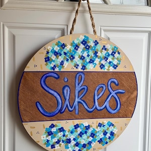 Blue hydrangeas wooden door hanger