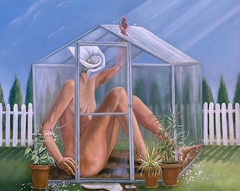Cycli breken: origineel olieverfschilderij, surrealistisch, fantasie, inspirerend, tuin, figuratieve kunst, gicleeprint, kunst aan de muur, cadeau-idee