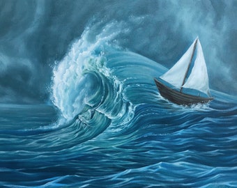 Ride the Wave: Original Surreal Art, Ocean Wave Sailboat Art, Inspirational, Oil Painting Fine Art Print, Nautical Art, Gift Idea/Wall Art