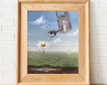 Vattna trädgården: Fine Art Giclée-tryck av original, surrealistisk målning, figurativ, prästkrageblomma, inspirerande väggdekor eller presentidé