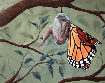 Metamorphosis Phase 2:Fine Art Print of Original, Surreal Oil Painting, Figurative, Butterfly Lady, woman Transformation Wall Decor or Gift