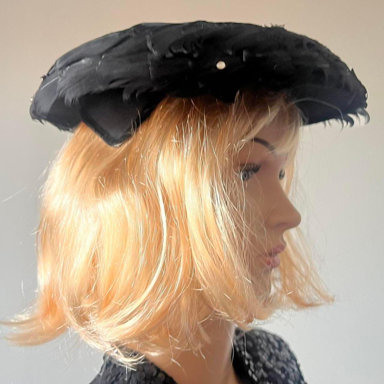 Vintage Black Feather Saucer Wide Brim Hat Under-hat 40s 50s  display picture 3