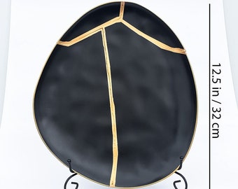 Large Black Kintsugi Plate - Black w Gold Repair -Father's Day Gift - Kintsugi Bowl- Kintsugi Pottery - Wabi Sabi -Japanese - Home Decor