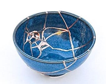 Turquoise Kintsugi Bowl -Gold Repair - Anniversary Gift - Kintsugi Pottery  -Japanese Bowl Home Decor -Kintsugi Art - Blue & Gold- Porcelain
