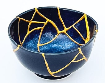 Ocean Blue Kintsugi Bowl - Broken into 17 Pieces & Repaired - Japanese - Yellow Gold Repair - Sobriety Gift -Kintsugi Pottery - Kintsugi Art