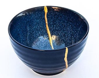 Black and Blue Kintsugi Bowl - Gold Repair - Christmas Gift - Blue - Kintsugi Pottery -Japanese Bowl Home Decor -Art