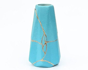 Sky Blue Kintsugi Vase (Perfect Valentine's Day or Birthday Gift) - Ceramic- Light Blue & Gold - Kintsugi Flowers - Kintsugi Pottery