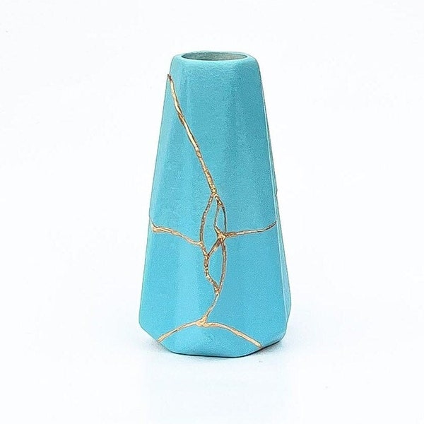 Sky Blue Kintsugi Vase (Perfect Valentine's Day or Birthday Gift) - Ceramic- Light Blue & Gold - Kintsugi Flowers - Kintsugi Pottery