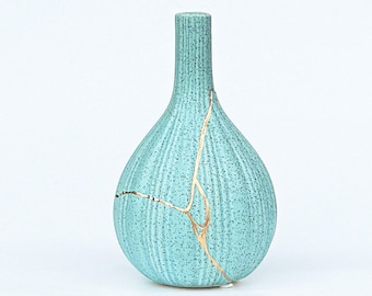 Sky Blue Kintsugi Vase -Bottle Vase (Father's Day or Anniversary Gift) - Ceramic- Light Blue & Gold - Kintsugi Flowers - Kintsugi Pottery