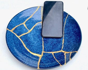 Large Kintsugi Plate - Real Kintsugi - Kintsugi Bowl - Kintsugi Pottery - Birthday Gift - Wabi Sabi -Ocean Blue with Gold Repair -Yellow