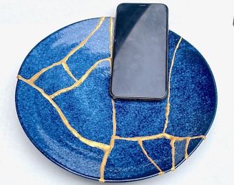 Large Kintsugi Plate - Real Kintsugi - Kintsugi Bowl - Kintsugi Pottery - Birthday Gift - Wabi Sabi -Ocean Blue with Gold Repair -Yellow