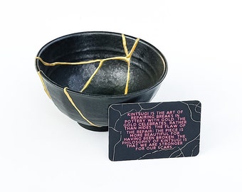 Black Kintsugi Bowl -Gold Repair - Anniversary Gift - Kintsugi Pottery  -Japanese Bowl Home Decor -Kintsugi Art -Sobriety Present -Wabi Sabi