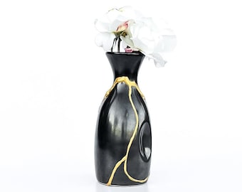 Botella de sake Kintsugi negra - Botella Kintsugi - Jarrón Kintsugi - Negro y oro - Sake Kintsugi - Japonés - Jarra Kintsugi - Taza Kintsugi - Regalo