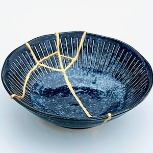 Real Kintsugi -Ocean Blue Kintsugi Bowl - Broken & Repaired - Japanese - Wabi Sabi - Blue and Yellow - Gold Repair - Sobriety Gift - Pottery
