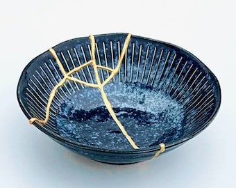 Real Kintsugi -Ocean Blue Kintsugi Bowl - Broken & Repaired - Japanese - Wabi Sabi - Blue and Yellow - Gold Repair - Sobriety Gift - Pottery