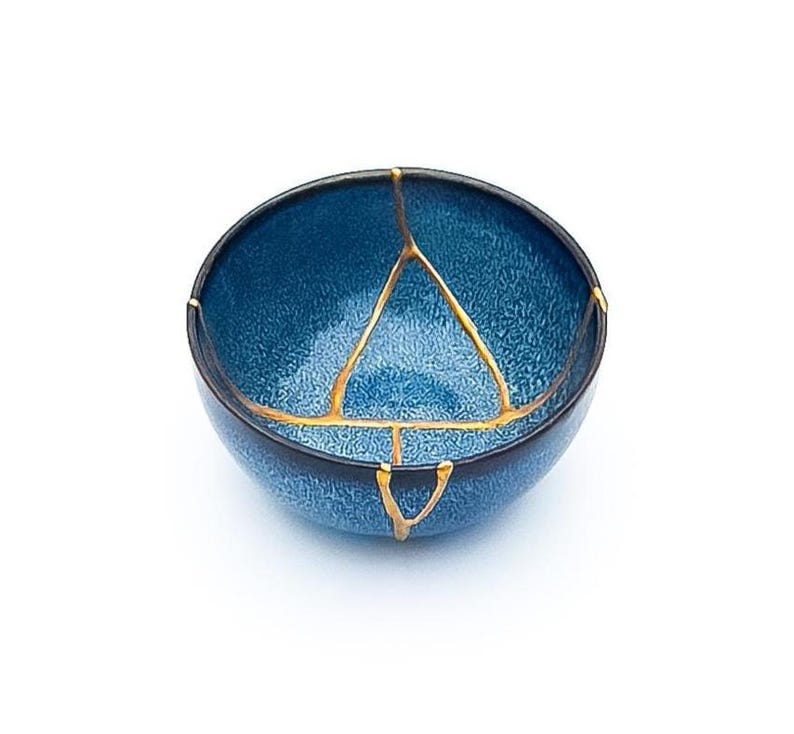 Blue Kintsugi Bowl - Real Kintsugi - Christmas Gift - Jewelry Holder - Jewelry Container -Gold Repair - Kintsugi Pottery - Wabi Sabi image 12