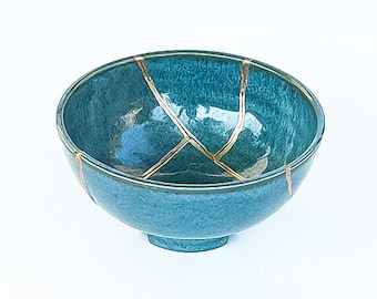 Turquoise Kintsugi Bowl -Gold Repair - Anniversary Gift - Kintsugi Pottery  -Japanese Bowl Home Decor -Kintsugi Art - Blue & Gold- Porcelain