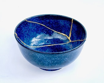 Ocean Blue Kintsugi Bowl - Broken & Repaired Authentic Japanese - Wabi Sabi - Ocean Blue w/ Yellow Gold Repair - Anniversary Gift - Pottery