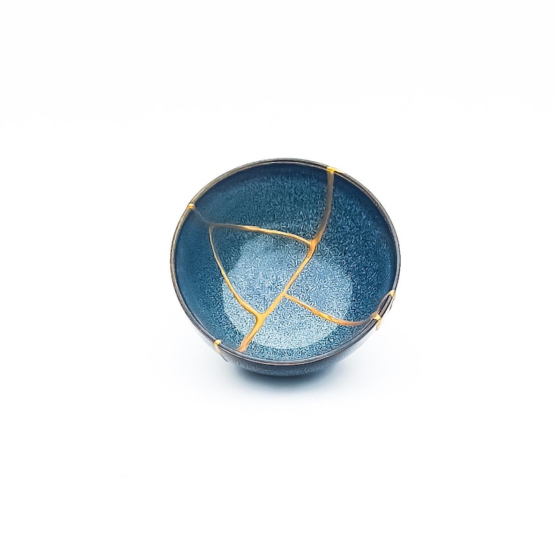 Blue Kintsugi Bowl - Real Kintsugi - Christmas Gift - Jewelry Holder - Jewelry Container -Gold Repair - Kintsugi Pottery - Wabi Sabi image 10
