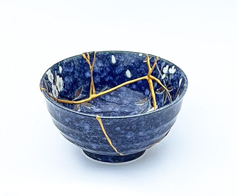 Large Blue Kintsugi Bowl with Cherry Blossoms Gold Repair Anniversary Gift Kintsugi Pottery Japanese Bowl Home Decor Kintsugi Art image 2