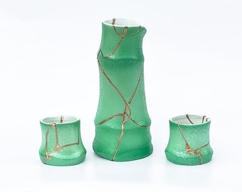 Real Kintsugi Sake Bottle - Kintsugi Bottle - Kintsugi Vase - Green & Gold - Christmas Gift - Japanese - Kintsugi Jug - Kintsugi mug cup