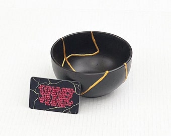 Kintsugi Bowl - Kintsugi Home Decor - Cerámica Kintsugi - Wabi Sabi - Negro y Oro - Japonés - Regalo de vacaciones - Regalo de San Valentín