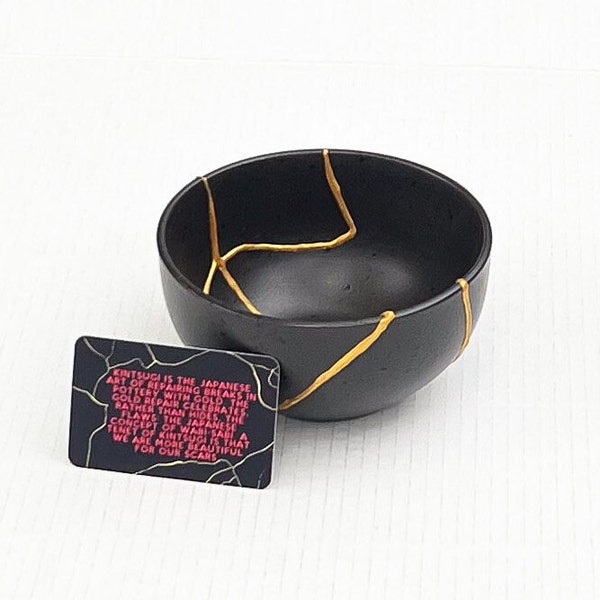 Kintsugi Bowl - Kintsugi Home Decor - Kintsugi Pottery - Wabi Sabi - Black & Gold - Japanese - Holiday Gift - Valentine's Day Present