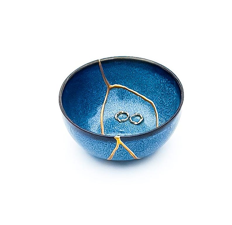 Blue Kintsugi Bowl - Real Kintsugi - Christmas Gift - Jewelry Holder - Jewelry Container -Gold Repair - Kintsugi Pottery - Wabi Sabi image 5