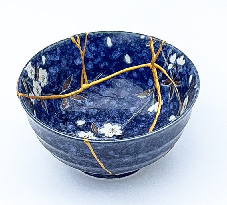 Große Kintsugi Schüssel Rosa Kintsugi Schüssel Kirschblüten Goldreparatur Geburtstagsgeschenk Blau Kintsugi Keramik Japanische Schüssel Wohnkultur Kunst Large Blue 7+ Breaks