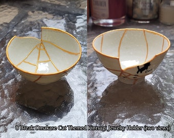 8 Break Kintsugi Bowl. One of a kind Cat-Themed Kintsugi- White with Gold Repair. Kintsugi Pottery - Wabi Sabi - Missing Piece