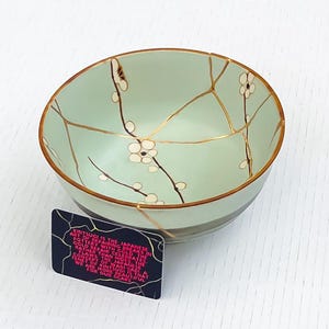 Large turquoise Kintsugi Bowl - Cherry Blossoms -Gold Repair - Anniversary Gift - Blue- Kintsugi Pottery  -Japanese Bowl Home Decor -Art
