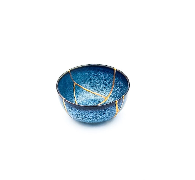 Blue Kintsugi Bowl - Real Kintsugi - Christmas Gift - Jewelry Holder - Jewelry Container -Gold Repair - Kintsugi Pottery - Wabi Sabi image 8