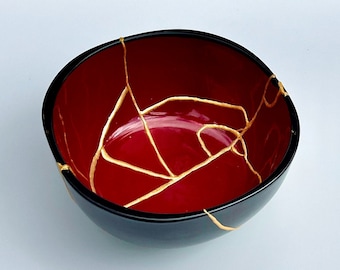 Red Kintsugi Bowl - Red, Gold & Black - Perfect Gift -  Japanese Bowl- Kintsugi Pottery - Wabi Sabi - Valentine's Day Gift -Present