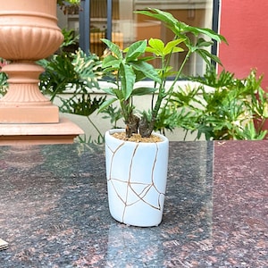 金継ぎプランターと人工植物 - ホワイトゴールド & グリーン - 金継ぎ花瓶 - 金継ぎ陶器 - ゴールドリペア - クリスマスギフト - 金継ぎボウル