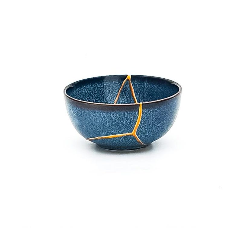 Blue Kintsugi Bowl - Real Kintsugi - Christmas Gift - Jewelry Holder - Jewelry Container -Gold Repair - Kintsugi Pottery - Wabi Sabi image 7