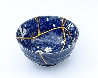 Large Blue Kintsugi Bowl with Cherry Blossoms -Gold Repair - Anniversary Gift - Kintsugi Pottery  -Japanese Bowl Home Decor -Kintsugi Art