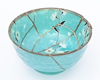 Large turquoise Kintsugi Bowl - Cherry Blossoms -Gold Repair - Anniversary Gift - Blue- Kintsugi Pottery  -Japanese Bowl Home Decor -Art