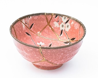 Large Pink Kintsugi Bowl - Cherry Blossoms -Gold Repair - Anniversary Gift - Blue- Kintsugi Pottery -Japanese Bowl Home Decor - Valentine's
