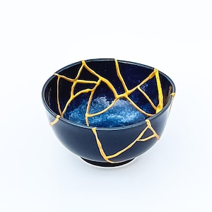 Ocean Blue Kintsugi Bowl - Broken into 17 Pieces & Repaired - Japanese - Yellow Gold Repair - Sobriety Gift -Kintsugi Pottery - Kintsugi Art