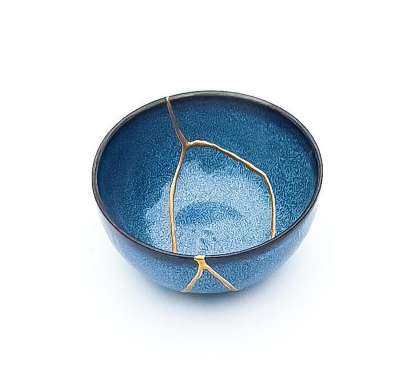 Blue Kintsugi Bowl - Real Kintsugi - Christmas Gift - Jewelry Holder - Jewelry Container -Gold Repair - Kintsugi Pottery - Wabi Sabi image 4