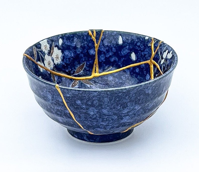 Large Blue Kintsugi Bowl with Cherry Blossoms Gold Repair Anniversary Gift Kintsugi Pottery Japanese Bowl Home Decor Kintsugi Art image 4