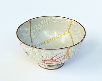 Kintsugi Dragon Bowl -Light Blue with Gold Repair - Anniversary Gift - Kintsugi Pottery  -Japanese Bowl Home Decor -Kintsugi Art - Porcelain