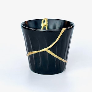 Kintsugi Mug - Pen Holder - Broken & Repaired - Wabi Sabi - Sobriety Present -Kintsugi Cup - Kintsugi Pottery - Black w Gold Repair
