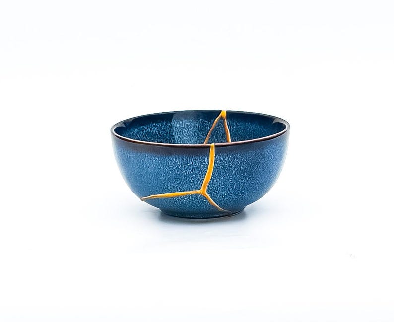 Blue Kintsugi Bowl - Real Kintsugi - Christmas Gift - Jewelry Holder - Jewelry Container -Gold Repair - Kintsugi Pottery - Wabi Sabi image 6