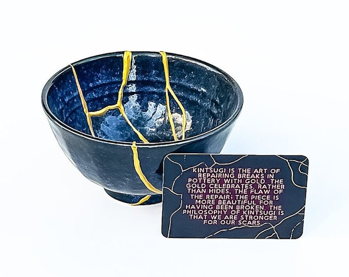 Blue Kintsugi Bowl -Gold Repair - Anniversary Gift - Kintsugi Pottery  -Japanese Bowl Home Decor -Kintsugi Art -Sobriety Present - Wabi Sabi