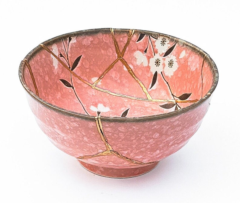 Large Blue Kintsugi Bowl with Cherry Blossoms Gold Repair Anniversary Gift Kintsugi Pottery Japanese Bowl Home Decor Kintsugi Art Pink