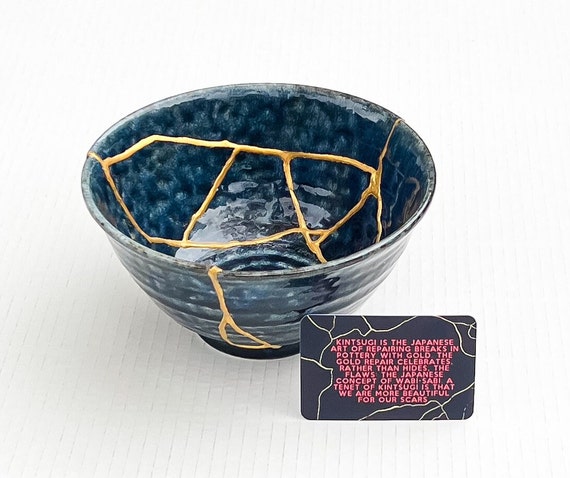 Midnight Blue Real Kintsugi Bowl wabi Sabi kintsugi Decor Anniversary Gift  Gold Repair Kintsugi Pottery Home Decor gold Repair 